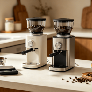 Budget espresso grinders with portafilter and espresso cup on a home coffee counter