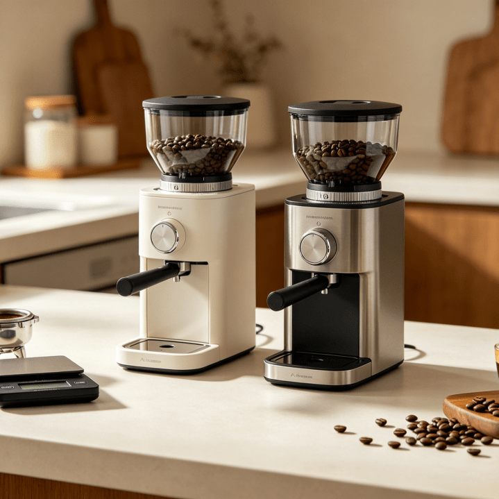 Budget espresso grinders with portafilter and espresso cup on a home coffee counter