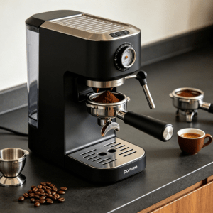 Electric espresso grinder with dosing cup and portafilter on a home coffee bar