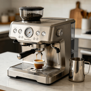 All-in-one home espresso machine with built-in grinder on a kitchen counter