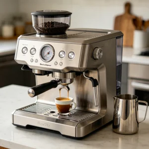 All-in-one home espresso machine with built-in grinder on a kitchen counter